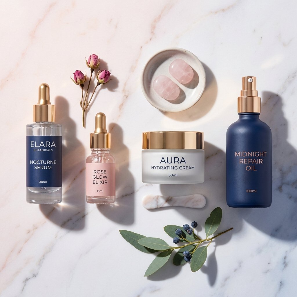 Cosmetic Skincare Bottles Flat Lay Mockup